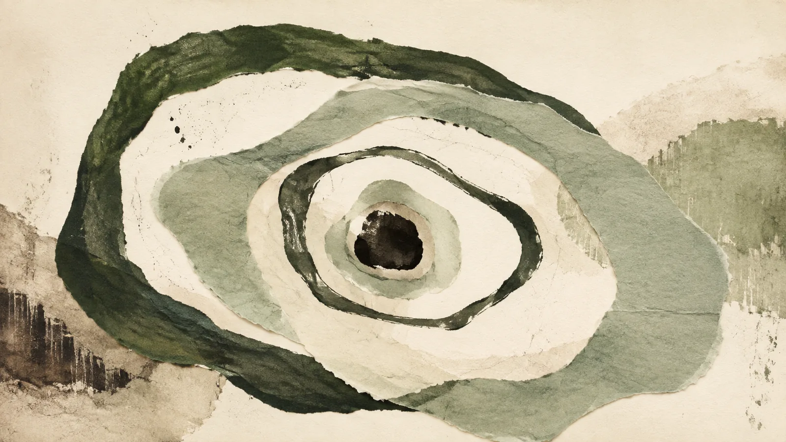 Abstract collage of irregular green rings expanding across layered paper