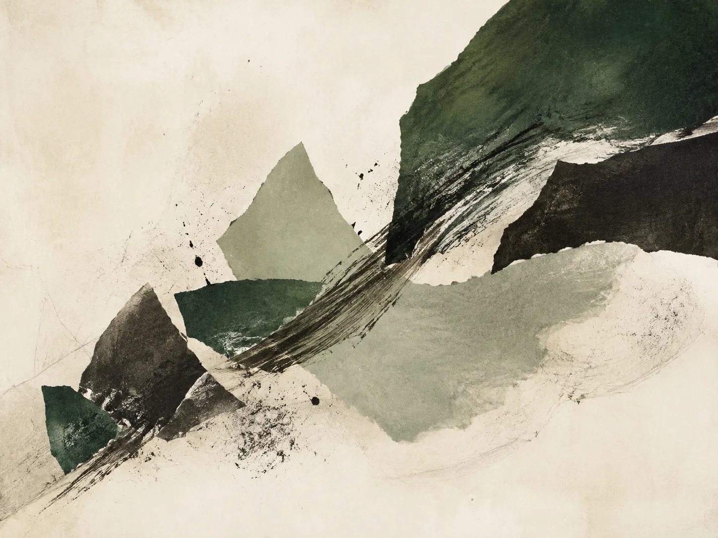 Abstract collage of torn green paper and sweeping ink marks gathering momentum